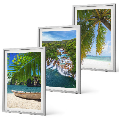 Večdelna slika v okvirju Plaža, čoln, slapovi, palme