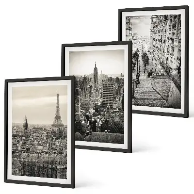 Komplet 3 slik v okvirju z motivi razgledov na Pariz in newyorške stopnice