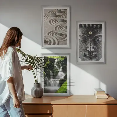 Komplet 3 slik v okvirju motiv zen slapu s kamni in Budo
