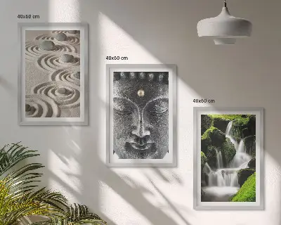 Komplet 3 slik v okvirju motiv zen slapu s kamni in Budo