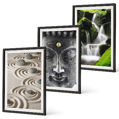 Set 3 slik v okvirju Mir kamnov zen slapa Buda