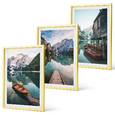 Komplet 3 slik v okvirju jezero z gorami, čolni in kočo