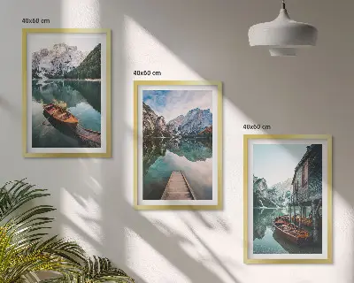 Komplet 3 slik v okvirju jezero z gorami, čolni in kočo