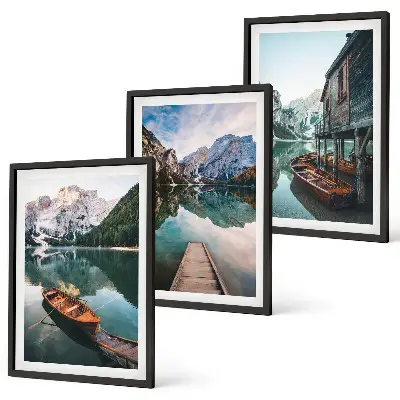 Komplet 3 slik v okvirju jezero z gorami, čolni in kočo