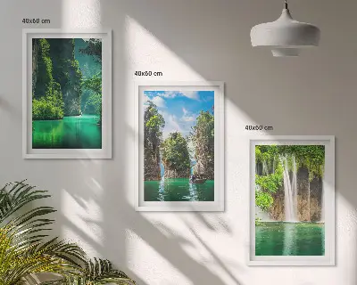 Večdelna slika v okvirju zelene pokrajine s slapovi