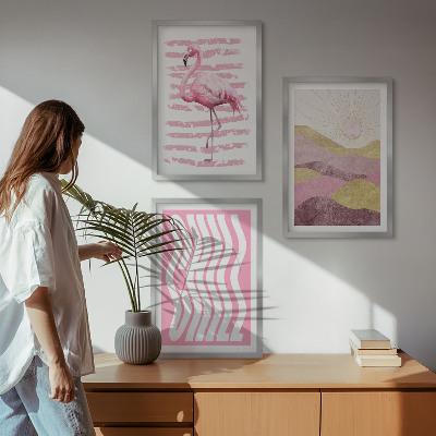 Večdelna slika v okvirju Pastelna pokrajina z rožnatimi flamingi