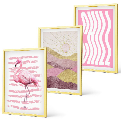 Večdelna slika v okvirju Pastelna pokrajina z rožnatimi flamingi