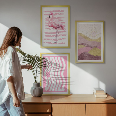 Večdelna slika v okvirju Pastelna pokrajina z rožnatimi flamingi