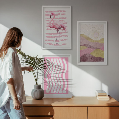 Večdelna slika v okvirju Pastelna pokrajina z rožnatimi flamingi