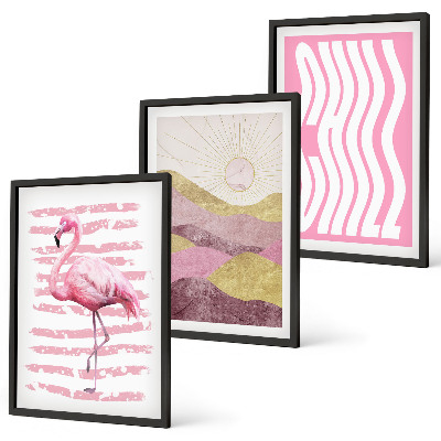 Večdelna slika v okvirju Pastelna pokrajina z rožnatimi flamingi
