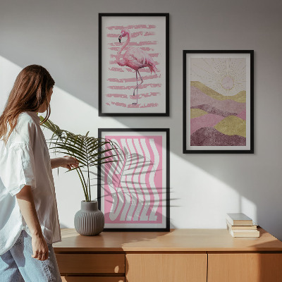 Večdelna slika v okvirju Pastelna pokrajina z rožnatimi flamingi
