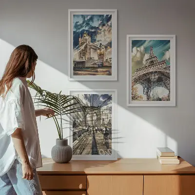 Večdelna slika v okvirju z motivom mostov, stolpov in evropskih mest