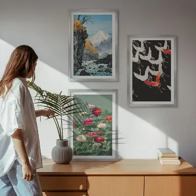 Triptih Gore slap ptice rože v okvirju