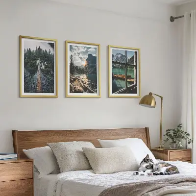 Komplet 3 slik v okvirjih most, gozd, jezero, čolni in gore