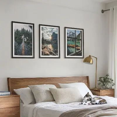 Komplet 3 slik v okvirjih most, gozd, jezero, čolni in gore