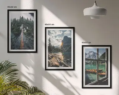 Komplet 3 slik v okvirjih most, gozd, jezero, čolni in gore