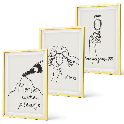 Set 3 slik v okvirju Šampanjsko vino, črtna umetnost