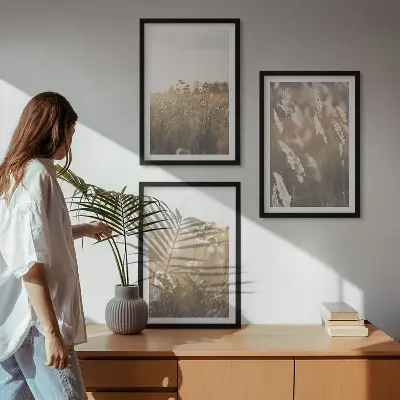 Komplet 3 slik v okvirju motiv krajine s travo in cvetjem