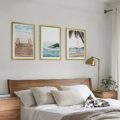 Komplet 3 slik v okvirju motiv stopnice na plaži z morsko gugalnico