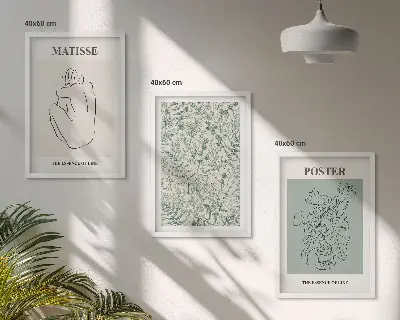 Večdelna slika v okvirju z motivom črt, rastlinskih vzorcev in minimalizma