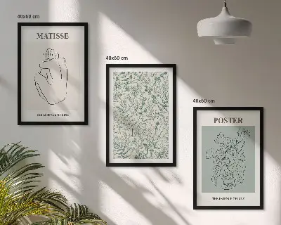 Večdelna slika v okvirju z motivom črt, rastlinskih vzorcev in minimalizma