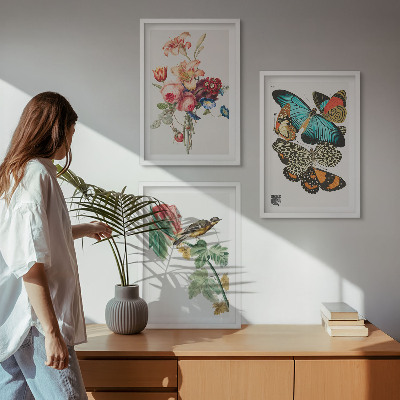 Večdelna slika v okvirju Rože metulji ptica pastel
