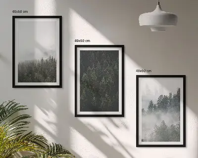Triptih v okvirju z motivom zelenih gozdov v megli in narave