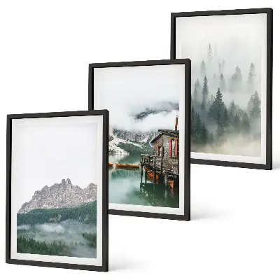 Komplet 3 slik v okvirju gore, jezero, koča in megla