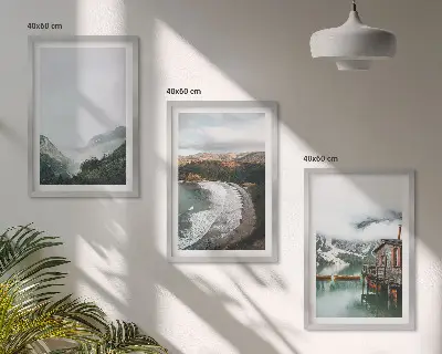 Komplet 3 slik v okvirju z motivi gora, plaže, oblakov in vode