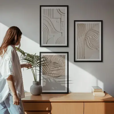 Komplet 3 slik v okvirju abstraktni vzorci v bež in beli barvi