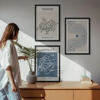 Abstraktni plakati s cvetličnimi črtami set 3 slik v okvirju