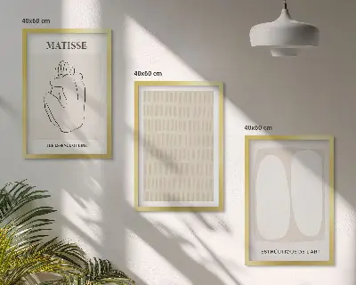 Triptih v okvirju z motivom črt in oblik v bež in beli barvi