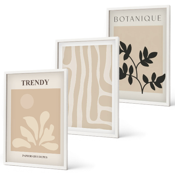 Triptih v okvirju Elegantni rastlinski vzorci bež črne barve