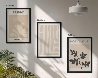 Triptih v okvirju elegantni rastlinski vzorci v bež in črni barvi