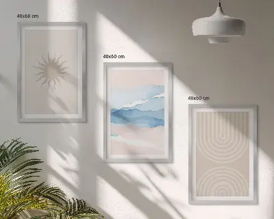 Komplet 3 slik v okvirju abstraktne črte v pastelnih barvah z motivom sončnih valov