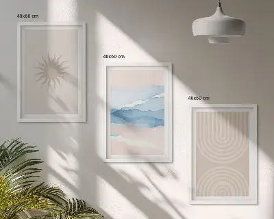 Komplet 3 slik v okvirju abstraktne črte v pastelnih barvah z motivom sončnih valov