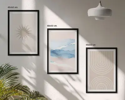 Komplet 3 slik v okvirju abstraktne črte v pastelnih barvah z motivom sončnih valov