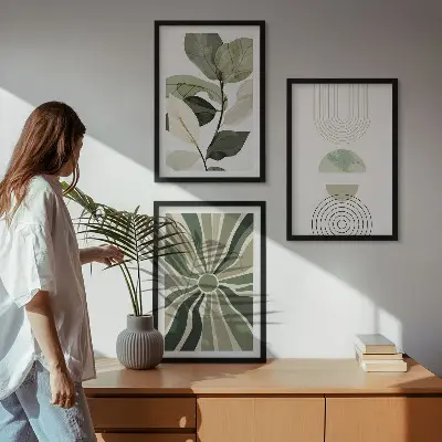 Komplet 3 slik v okvirjih z rastlinskimi motivi, geometrijskimi vzorci in zelenjem