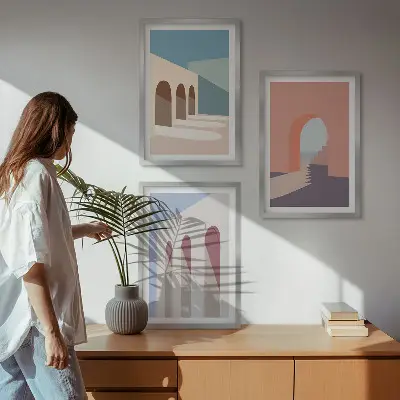 Pastelna arhitekturna grafika triptih v okvirju