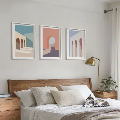 Pastelna arhitekturna grafika triptih v okvirju