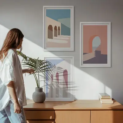 Pastelna arhitekturna grafika triptih v okvirju