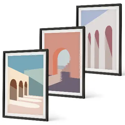 Pastelna arhitekturna grafika triptih v okvirju