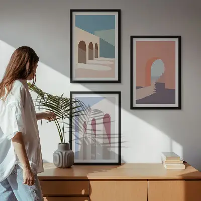 Pastelna arhitekturna grafika triptih v okvirju