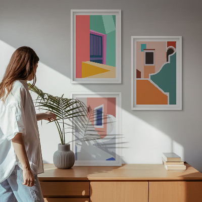 Set 3 slik v okvirju Barvite ilustracije stavb