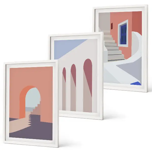Minimalistične arhitekturne ilustracije triptih v okvirju
