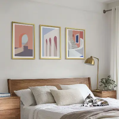 Minimalistične arhitekturne ilustracije triptih v okvirju