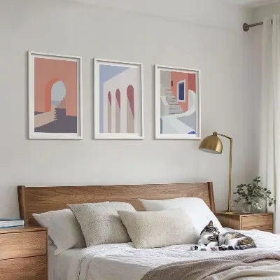Minimalistične arhitekturne ilustracije triptih v okvirju