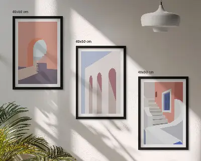 Minimalistične arhitekturne ilustracije triptih v okvirju