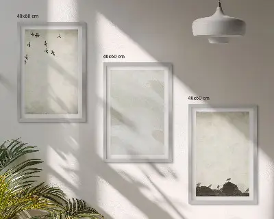 Večdelna slika v okvirju z motivom ptic, kamnov in potez čopiča