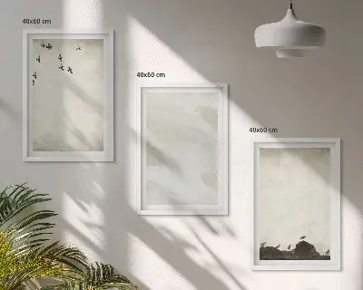 Večdelna slika v okvirju z motivom ptic, kamnov in potez čopiča